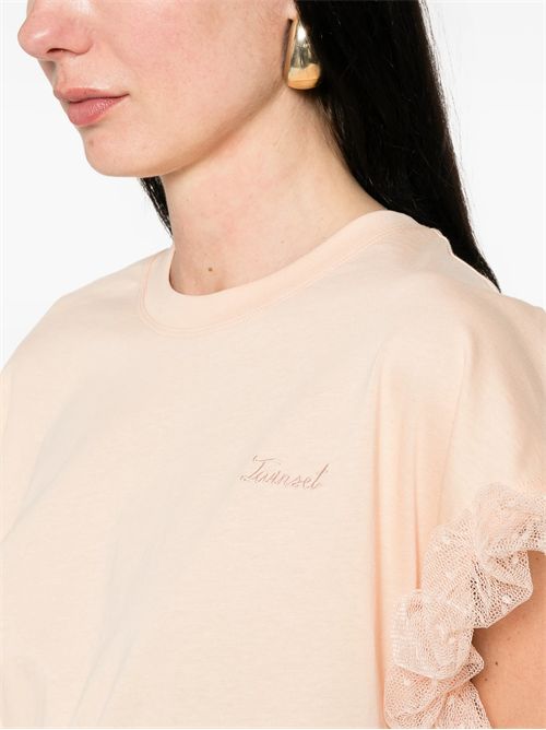 T-shirt in cotone con maniche in tulle. TWINSET | TP204A/11750